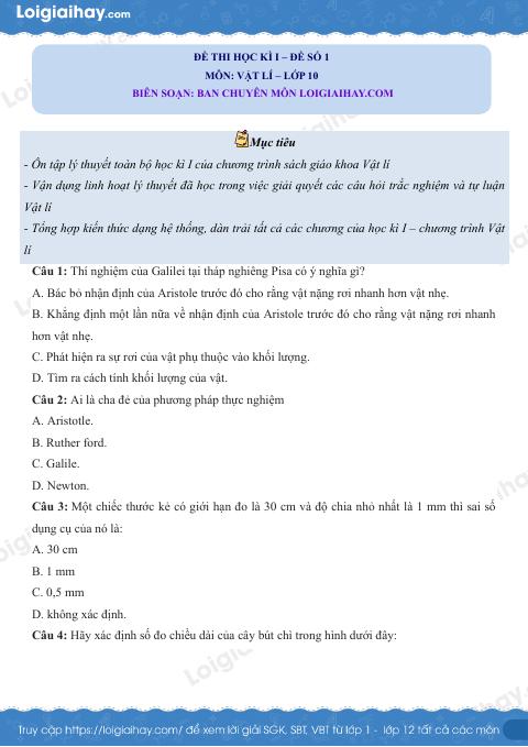 Đề thi học kì 1 Vật lí 10 Cánh diều - Đề số 1